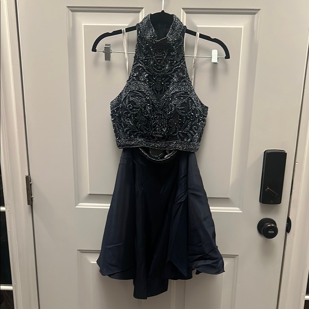 Elegant Blue Beaded Halter Dress two peice